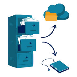 Filing cabinet, cloud storage, and hard drive Filing cabinet, cloud storage, and hard drive